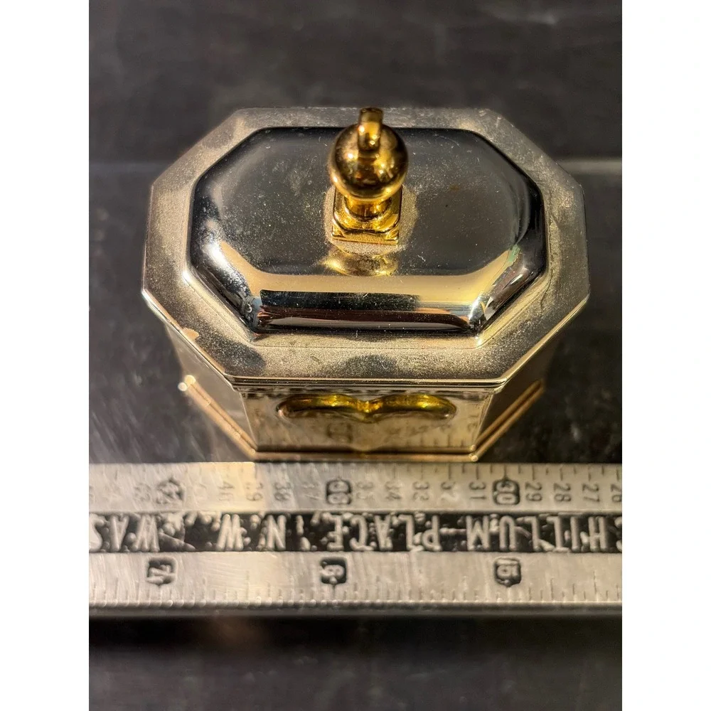 Vintage Hexagon Silver Tone Heart Trinket Box Bird Finial Locking Lid Case